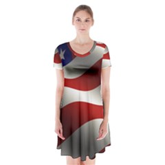 Flag United States Stars Stripes Symbol Short Sleeve V-neck Flare Dress by Simbadda