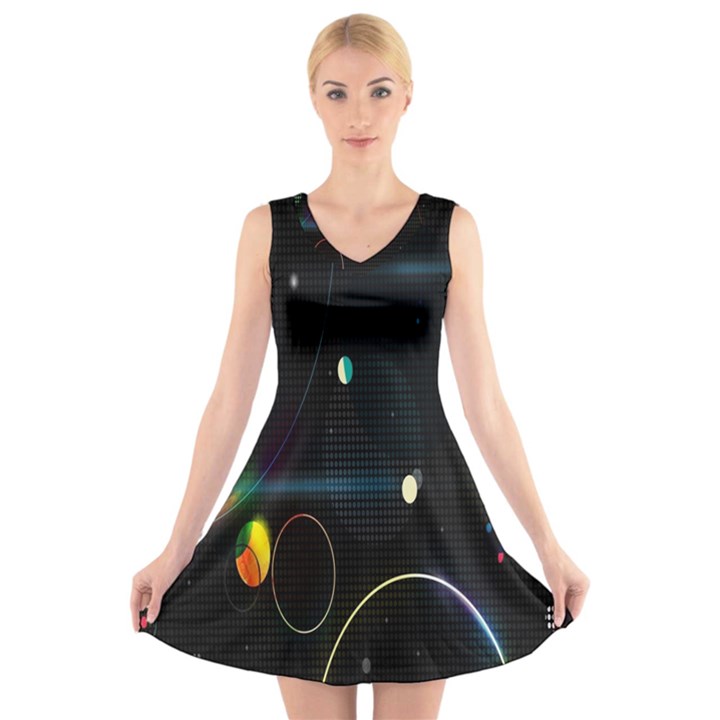 Glare Light Luster Circles Shapes V-Neck Sleeveless Skater Dress