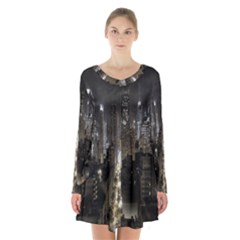 New York United States Of America Night Top View Long Sleeve Velvet V-neck Dress by Simbadda