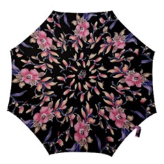 Neon Flowers Black Background Hook Handle Umbrellas (small) by Simbadda