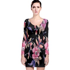 Neon Flowers Black Background Long Sleeve Bodycon Dress by Simbadda