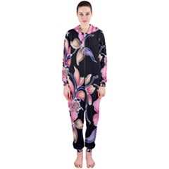 Neon Flowers Black Background Hooded Jumpsuit (ladies)  by Simbadda