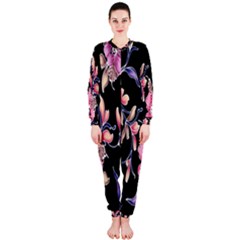 Neon Flowers Black Background Onepiece Jumpsuit (ladies)  by Simbadda