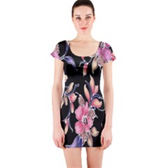 Neon Flowers Black Background Short Sleeve Bodycon Dress by Simbadda