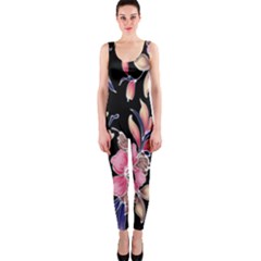 Neon Flowers Black Background Onepiece Catsuit by Simbadda