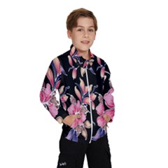 Neon Flowers Black Background Wind Breaker (kids) by Simbadda