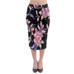 Neon Flowers Black Background Midi Pencil Skirt by Simbadda