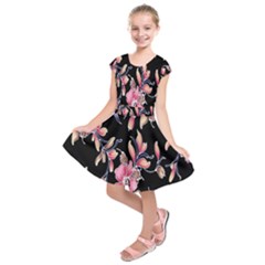 Neon Flowers Black Background Kids  Short Sleeve Dress by Simbadda