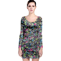 Neon Floral Print Silver Spandex Long Sleeve Bodycon Dress by Simbadda