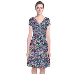 Neon Floral Print Silver Spandex Short Sleeve Front Wrap Dress by Simbadda