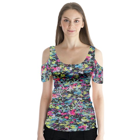 Neon Floral Print Silver Spandex Butterfly Sleeve Cutout Tee  by Simbadda