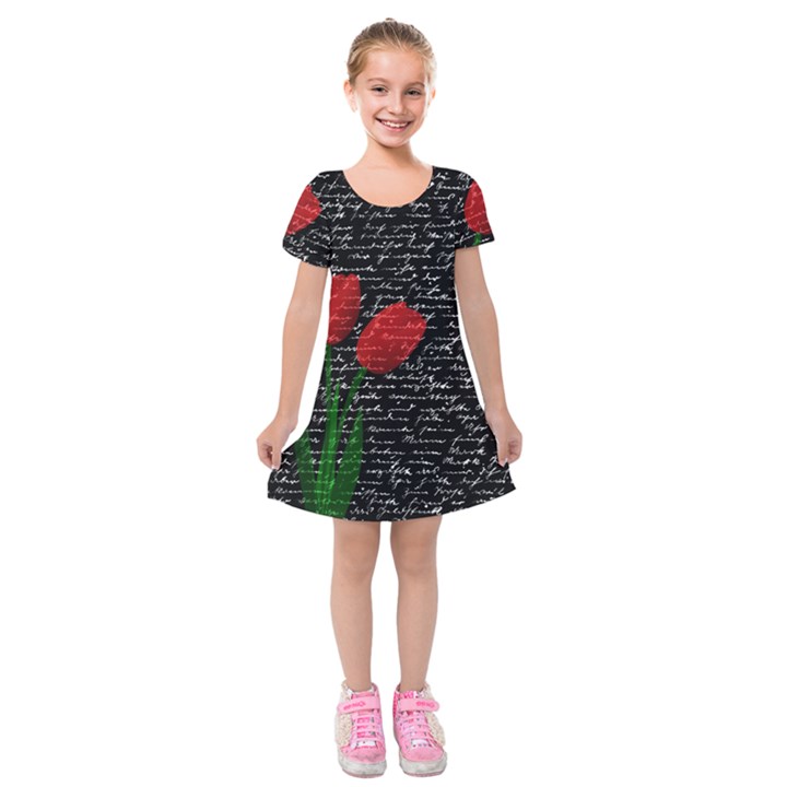 Red tulips Kids  Short Sleeve Velvet Dress