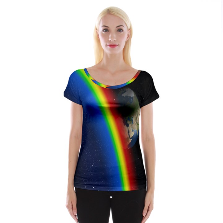 Rainbow Earth Outer Space Fantasy Carmen Image Women s Cap Sleeve Top