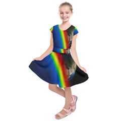 Rainbow Earth Outer Space Fantasy Carmen Image Kids  Short Sleeve Dress by Simbadda