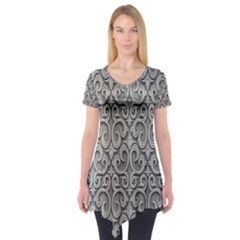 Patterns Wavy Background Texture Metal Silver Short Sleeve Tunic  by Simbadda