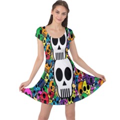 Skull Background Bright Multi Colored Cap Sleeve Dresses by Simbadda