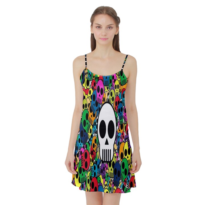 Skull Background Bright Multi Colored Satin Night Slip