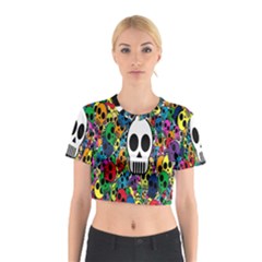 Skull Background Bright Multi Colored Cotton Crop Top by Simbadda