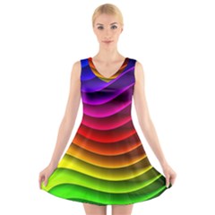 Spectrum Rainbow Background Surface Stripes Texture Waves V-neck Sleeveless Skater Dress by Simbadda