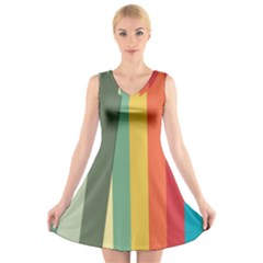 Texture Stripes Lines Color Bright V-neck Sleeveless Skater Dress by Simbadda