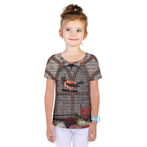 Vintage Bird In The Cage Kids  One Piece Tee by Valentinaart