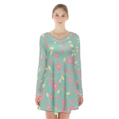 Floral Pattern Long Sleeve Velvet V-neck Dress by Valentinaart