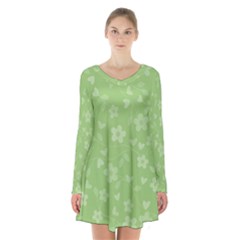 Floral Pattern Long Sleeve Velvet V-neck Dress by Valentinaart