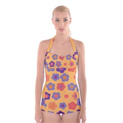 Floral Pattern Boyleg Halter Swimsuit 