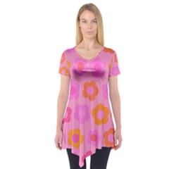 Pink Floral Pattern Short Sleeve Tunic 