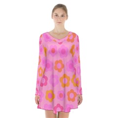 Pink Floral Pattern Long Sleeve Velvet V-neck Dress by Valentinaart