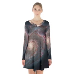 Whirlpool Galaxy And Companion Long Sleeve Velvet V-neck Dress by SpaceShop