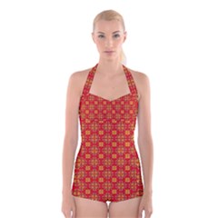 Pattern Boyleg Halter Swimsuit 