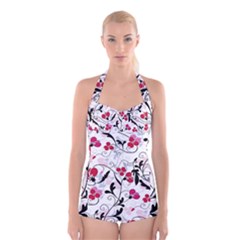 Floral Pattern Boyleg Halter Swimsuit 