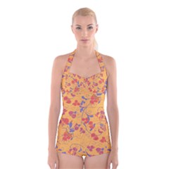 Floral Pattern Boyleg Halter Swimsuit 