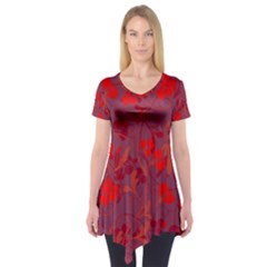 Red Floral Pattern Short Sleeve Tunic 