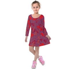 Red Floral Pattern Kids  Long Sleeve Velvet Dress