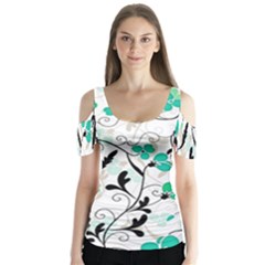 Floral Pattern Butterfly Sleeve Cutout Tee 