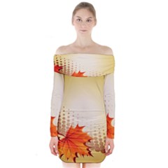 Background Leaves Dry Leaf Nature Long Sleeve Off Shoulder Dress by Simbadda