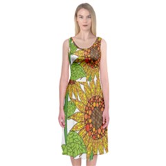 Sunflowers Flower Bloom Nature Midi Sleeveless Dress