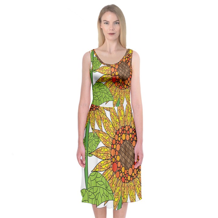 Sunflowers Flower Bloom Nature Midi Sleeveless Dress