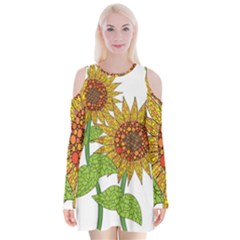 Sunflowers Flower Bloom Nature Velvet Long Sleeve Shoulder Cutout Dress by Simbadda