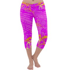 Spring Tropical Floral Palm Bird Capri Yoga Leggings by Simbadda