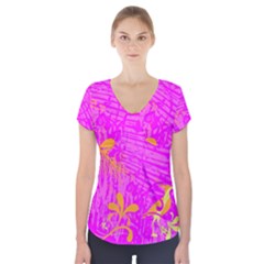 Spring Tropical Floral Palm Bird Short Sleeve Front Detail Top by Simbadda