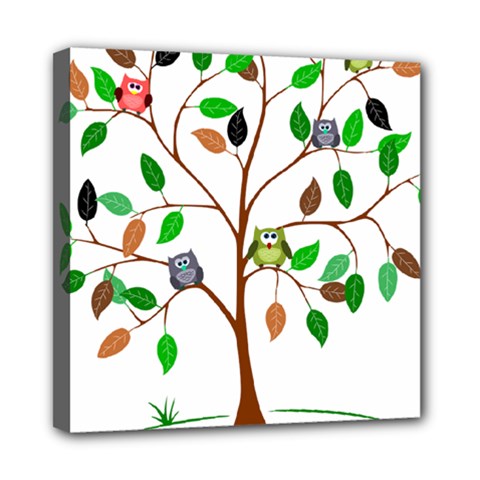 Tree Root Leaves Owls Green Brown Mini Canvas 8  X 8  by Simbadda