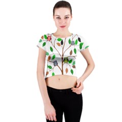 Tree Root Leaves Owls Green Brown Crew Neck Crop Top