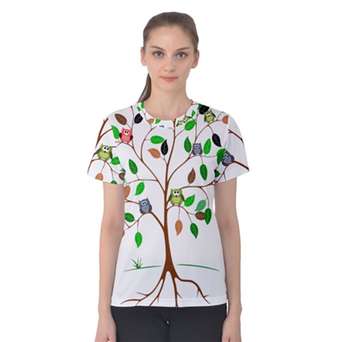 Tree Root Leaves Owls Green Brown Women s Cotton Tee by Simbadda