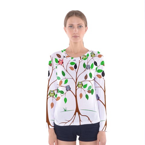 Tree Root Leaves Owls Green Brown Women s Long Sleeve Tee by Simbadda