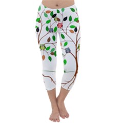 Tree Root Leaves Owls Green Brown Capri Winter Leggings  by Simbadda