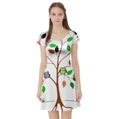 Tree Root Leaves Owls Green Brown Short Sleeve Skater Dress by Simbadda