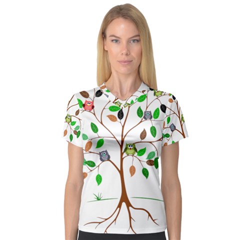 Tree Root Leaves Owls Green Brown Women s V-neck Sport Mesh Tee by Simbadda